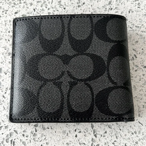 Never Used Coach Signature Men’sCharcoal & Black Coated Canvas Leather Wallet